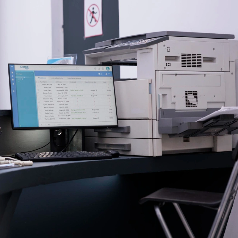 Office setup featuring a printer and computer screen displaying data, indicating digital document management as part of POTS Line Replacement infrastructure.