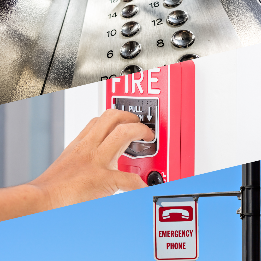 Close-up of an elevator button panel with numbered buttons, a hand pulling down a fire alarm, and a red emergency phone sign against a blue sky, illustrating emergency systems relevant to POTS Line Replacement.