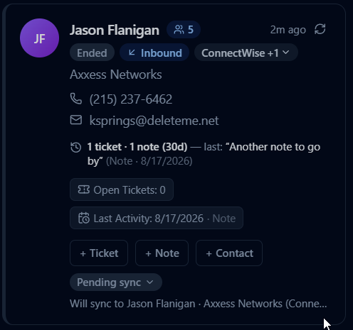 SyncConnect writing a call recording, transcript and summary back to the CRM record